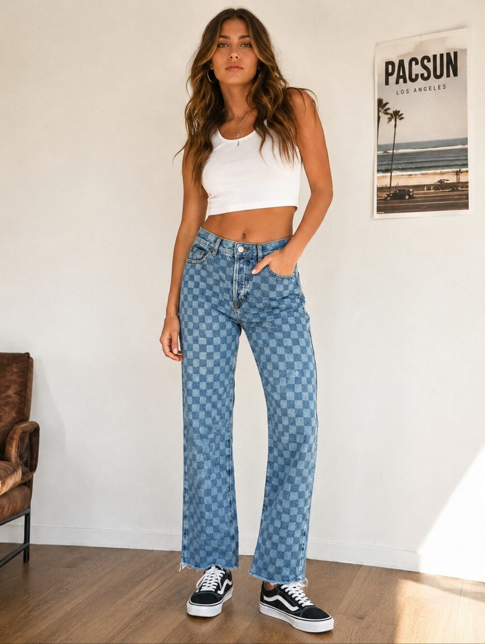 PACSUN Checked Pattern High-Rise Straight Jeans